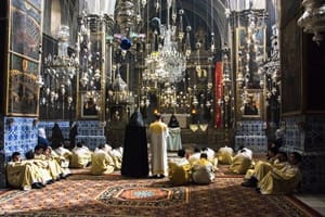 Sunday morning liturgy is celebrated at St. James Monastery in the Armenian Quarter in the Old City of Jerusalem. (photo: Ilene Perlman)