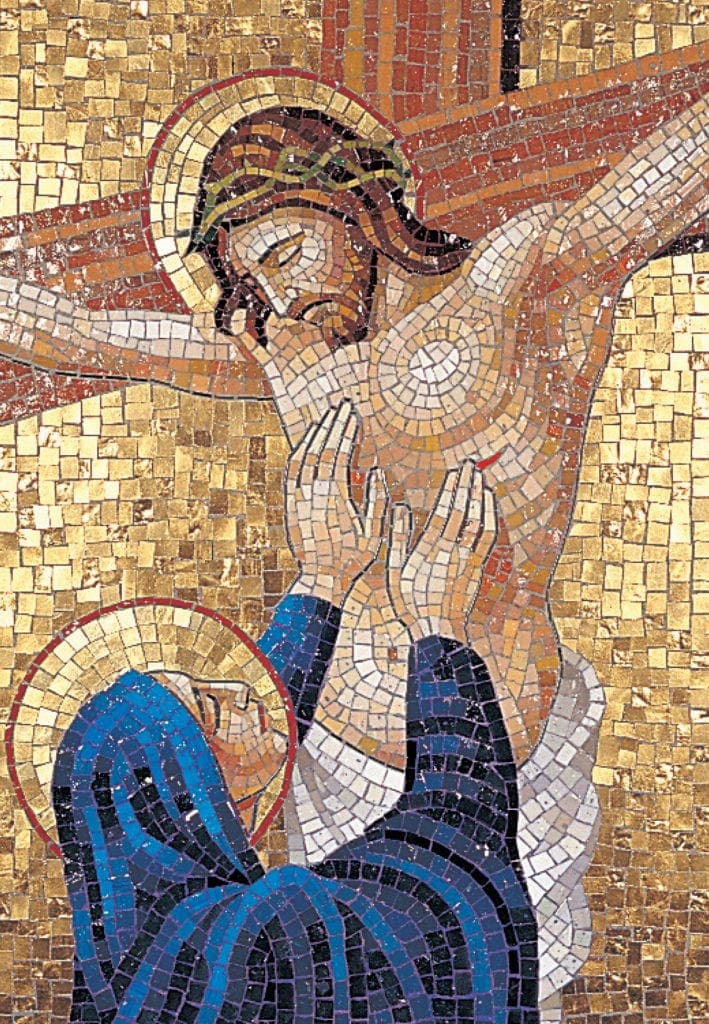 mosaic of the Virgin Mary mourning Jesus on the cross.
