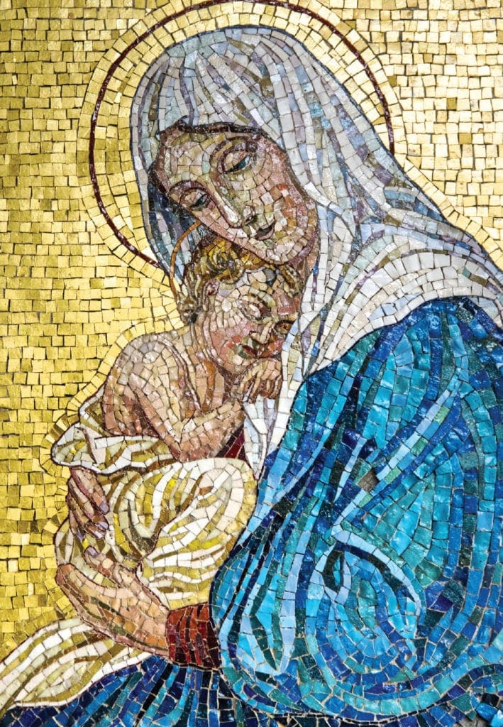 mosaic of the Virgin Mary cradling the infant Jesus.
