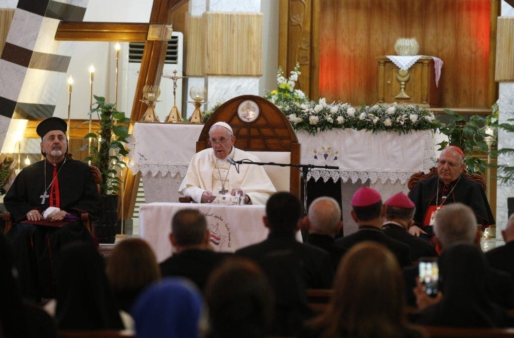 Pope Francis addresses clergy and religious at the Syriac Catholic Cathedral in Baghdad on 5 March