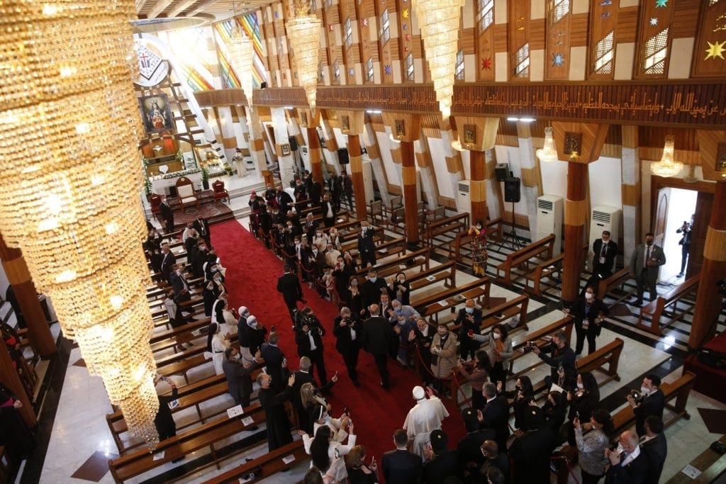 Pope Francis arrives at the Syriac Catholic Cathedral of Our Lady of Deliverance in Baghdad