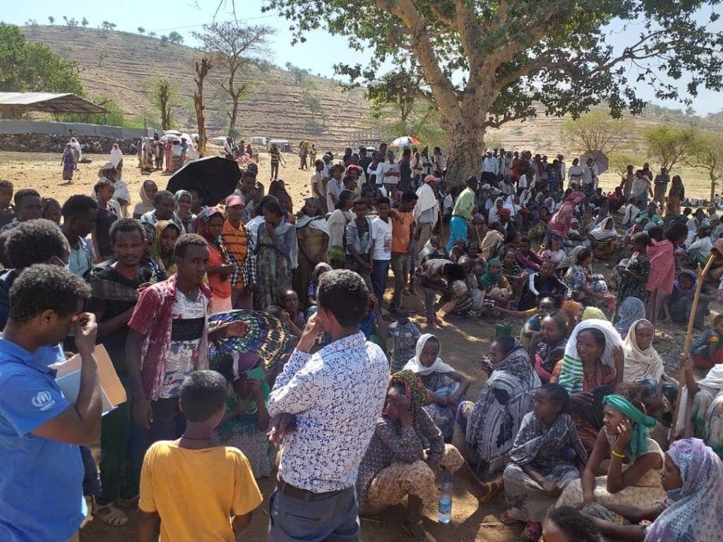 Families internally displaced by the war in Ethiopia’s Tigray region take refuge in Mai Tsebri, a town about 200 miles west of Mekele, close the refugee camps.