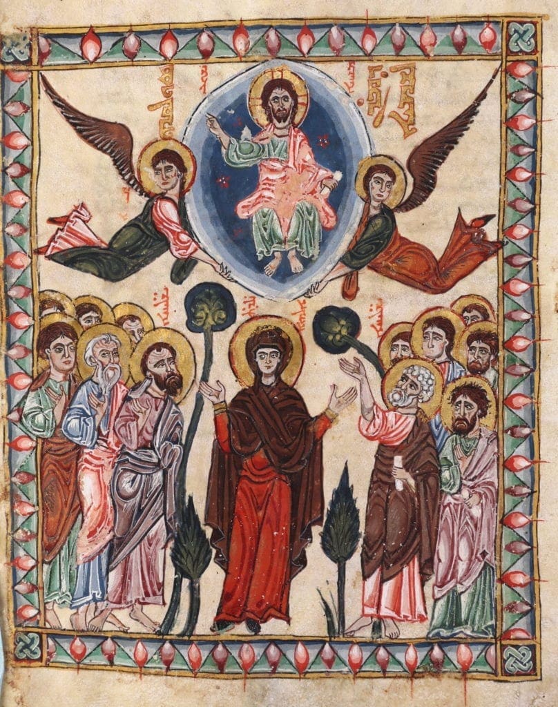 an artistic depiction of the Ascension from a 13th-century manuscript.