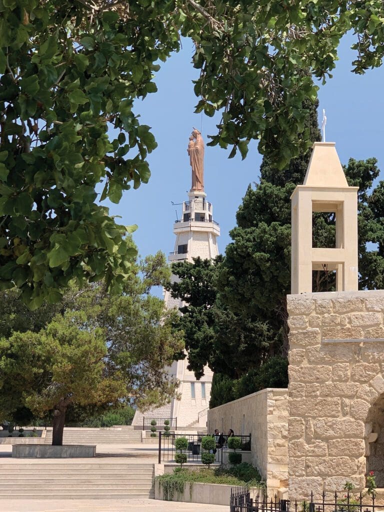 a marian statue is visible through foliage atop a shrine.