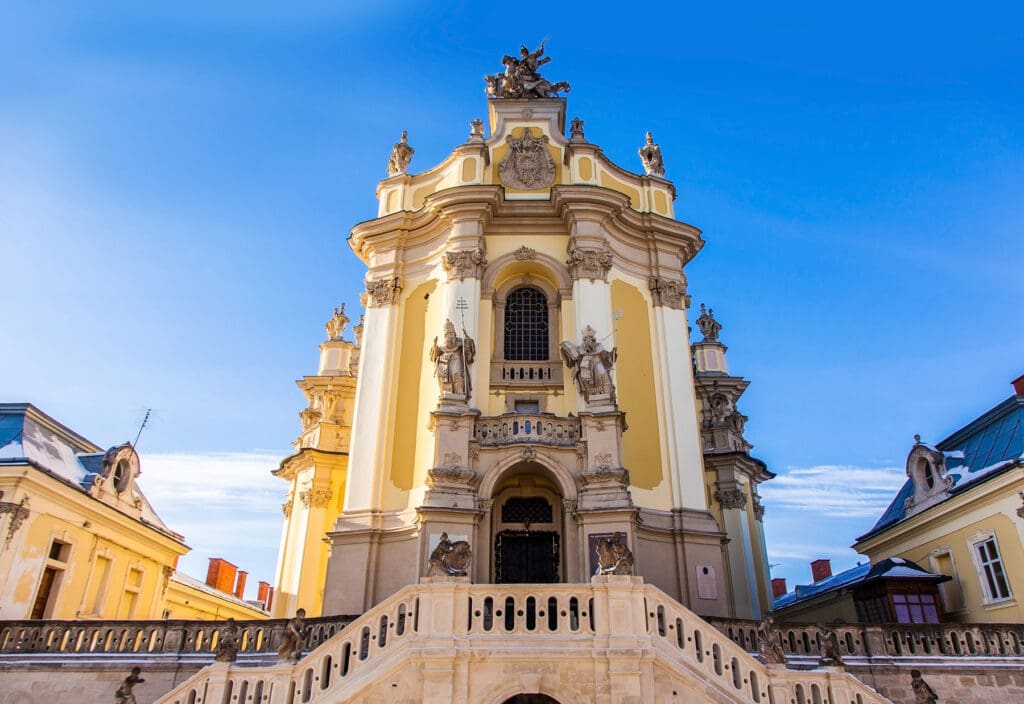 The exterior of St. George Cathedral in Lviv, western Ukraine. After the Soviets suppressed the Ukrainian Greek Catholic Church in 1946, the cathedral served as an Orthodox cathedral of the Moscow Patriarchate. A symbol of Ukrainian identity, particularly for Ukrainians in the diaspora, the cathedral was returned to the Greek Catholic community as the Soviet Union unraveled