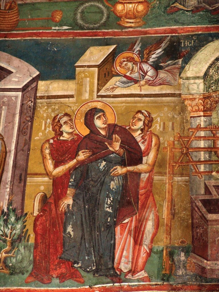 The moment of the archangel’s greeting is caught by a team of Byzantine Greek iconographers.