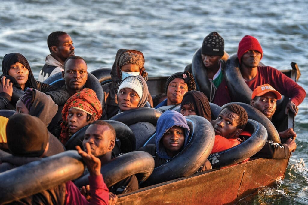 African migrants set sail for Europe on a crowded boat.